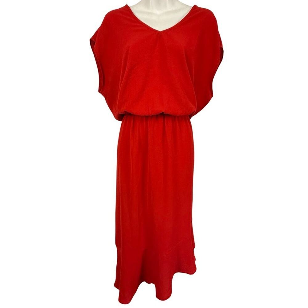 Christopher & Banks Blouson Red V-Neck Midi Asymmetrical Dress Elastic Waist M